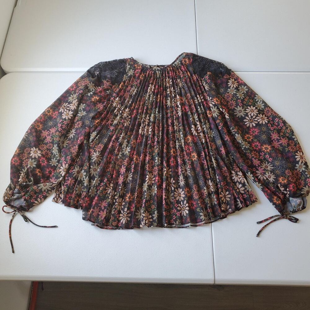 FARM Rio Floral Pleated Sheer Blouse in Black with Pink & Orange Flowers